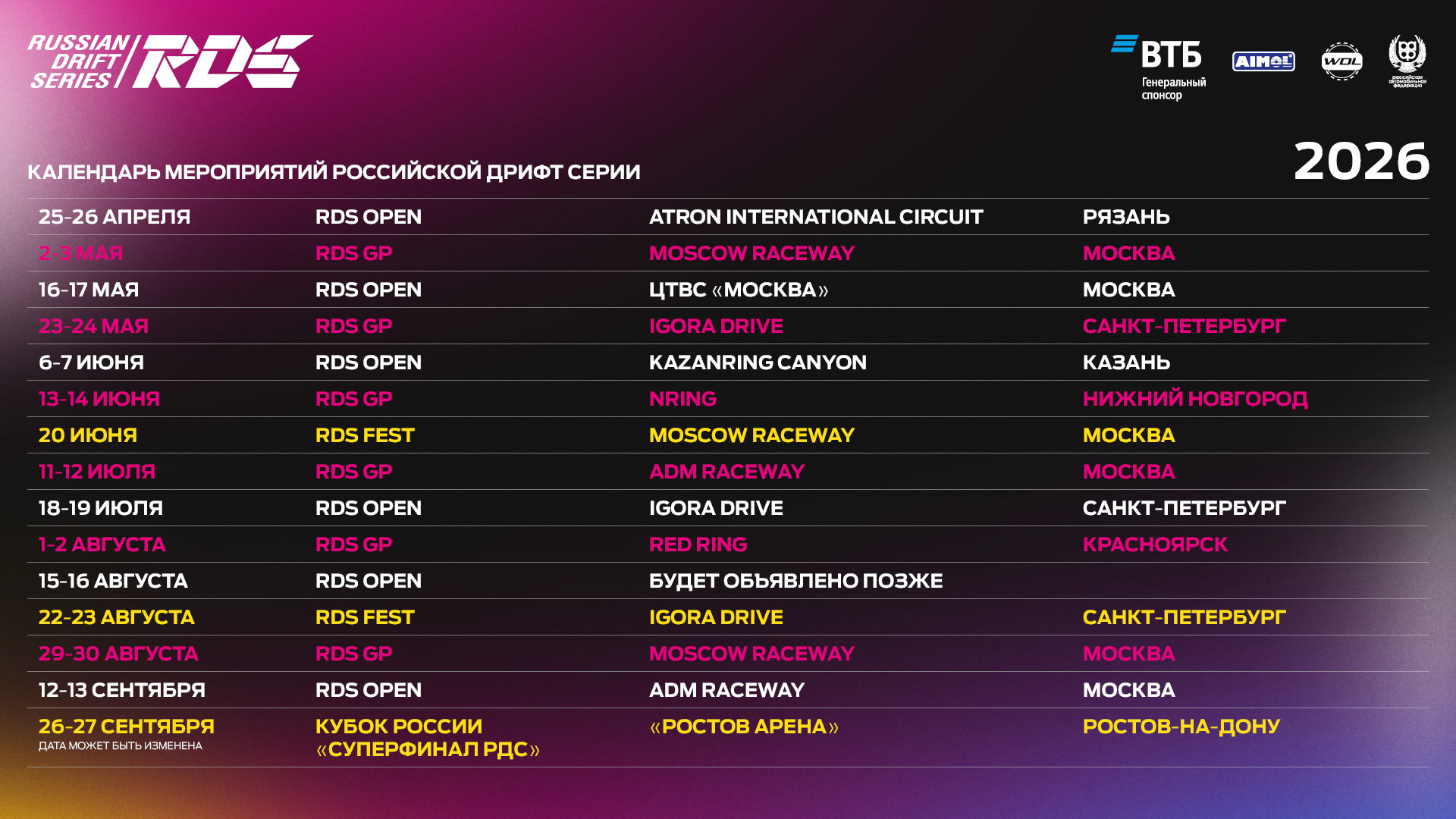 Российская Дрифт Серия представила календарь летнего сезона-2026